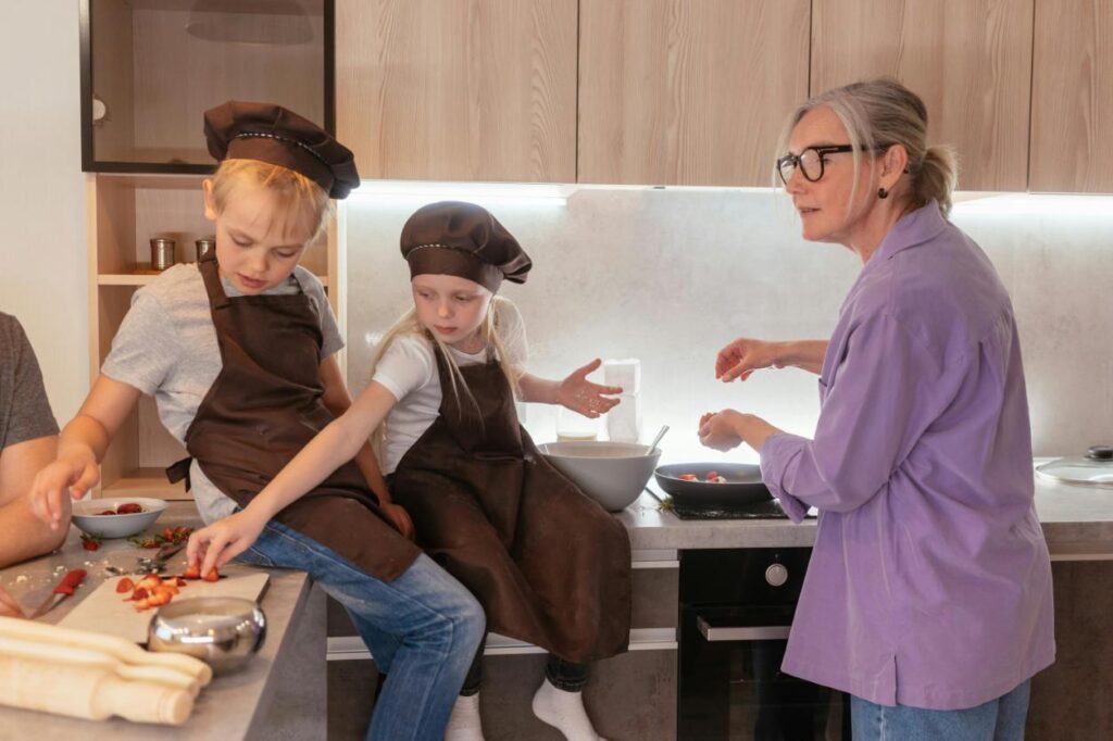 resident baking with grandchildren